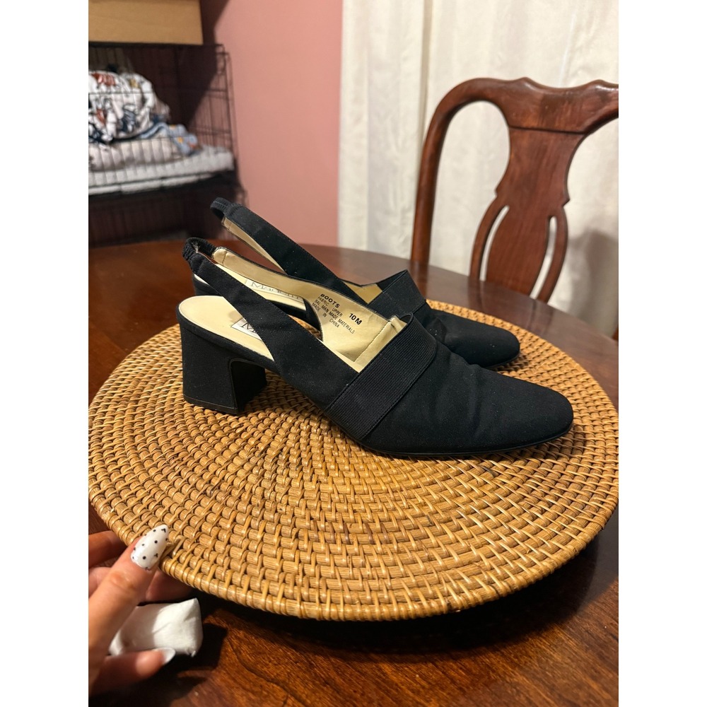 Madeline Stuart Womens Black Fabric Slingback Block Heel Pumps Almond Toe 10M